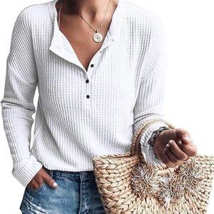 Womens Henley Shirt Long Sleeve Button Down Top Warm Waffle Knit